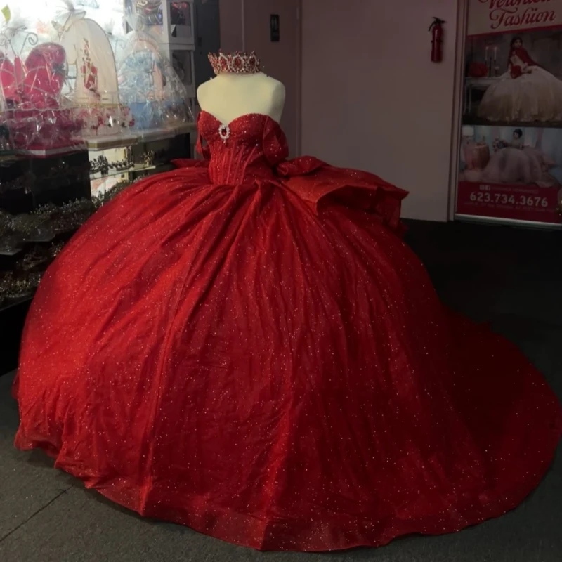 Czerwona Błyszcząca Sukienka Księżniczki na Słodkie 16 Sukienki Quinceanera Koraliki Kokarda Gorset Tiulowa Sukienka na Przyjęcie Urodzinowe Vestido De 15 Anos Suknie Balowe