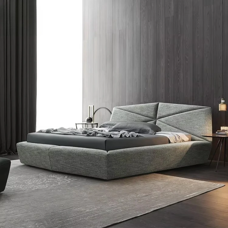 yp-Modern Geometric Platform Bed, Upholstered Angled Headboard Bed with Textured Fabric for Bedroom and Contemporary Home-