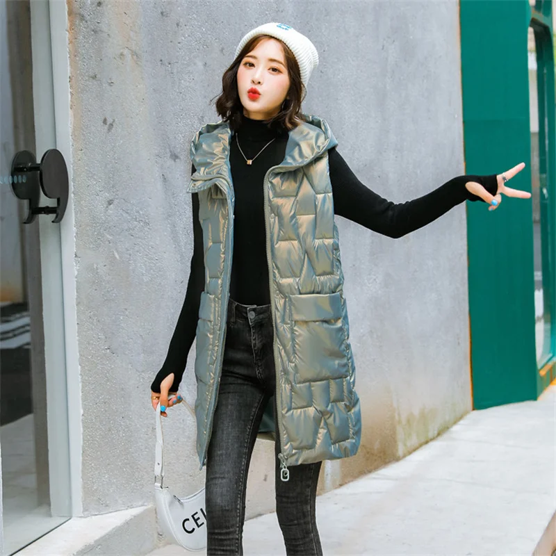 

Autumn Winter Women Vest Jacket Parkas 2023 New Long Hooded Glossy Down Cotton Warm Vest Coat Sleeveless Jackets Female Waistcoa