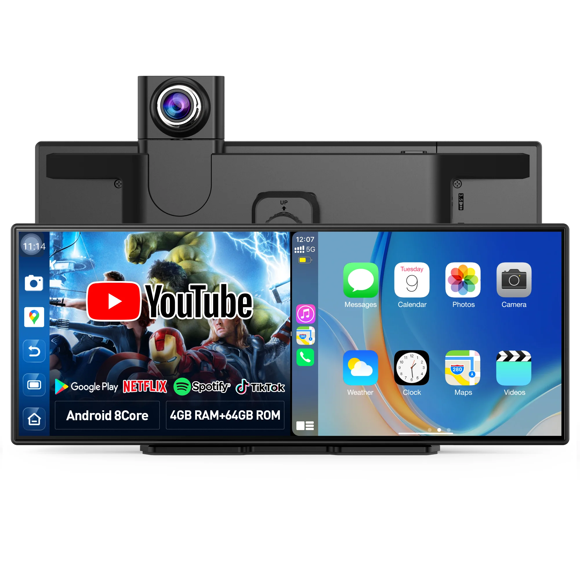 Imagebon 11,4" Android 14 Dashcam 8 cœurs 4+64G CarPlay & Android Auto DVR Enregistrement double Google Play Navigation GPS Commande vocale IA Écran intelligent