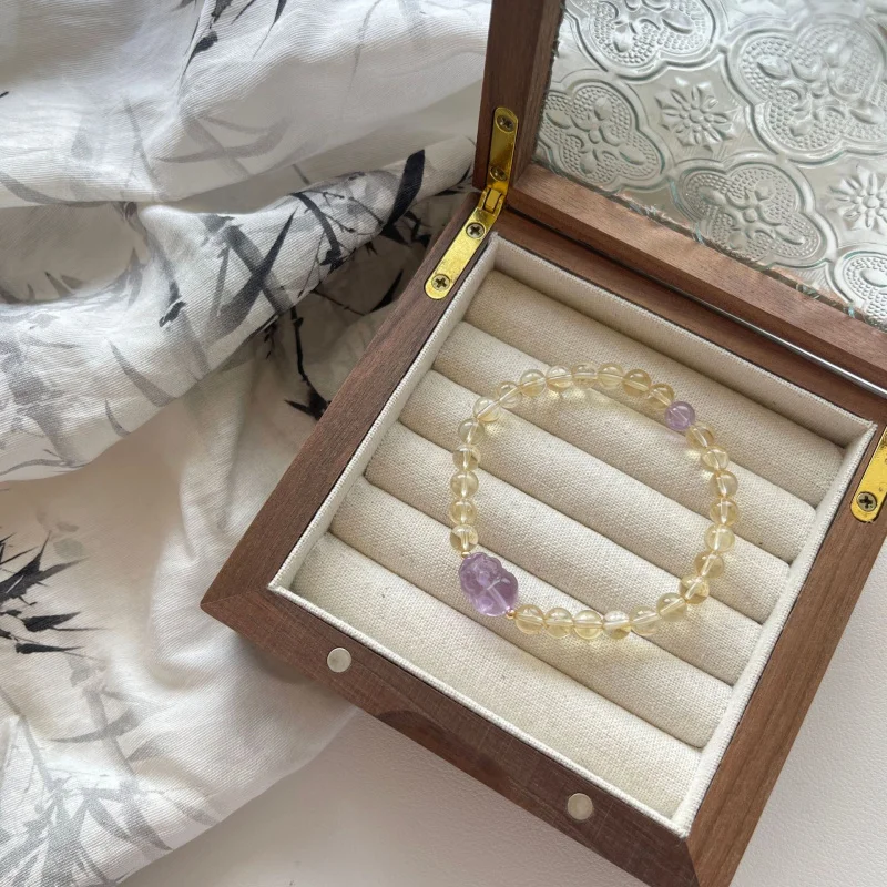 

Natural Yellow Crystal Amethyst Pixiu Bracelet for Women Double Fortune Bead String Unique Niche Crystal Beads Wholesale