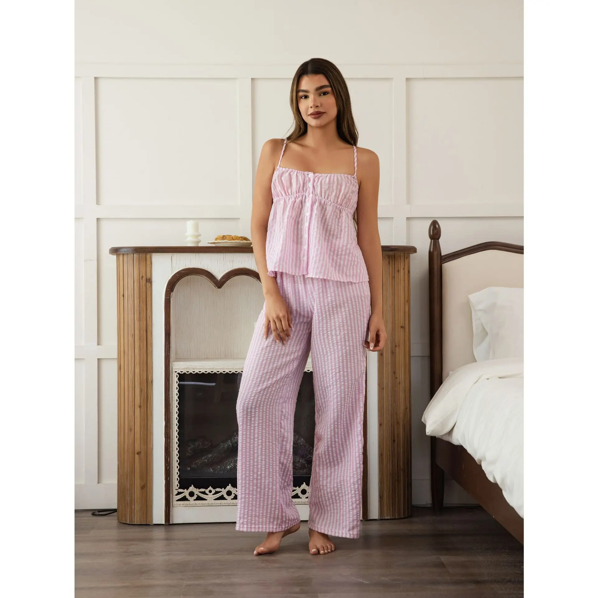 

New American-Style Women's Pajamas, Simple Plaid Camisole with Long Pants, Casual Plus-Size Sleepwear, Home Wear Women's Set