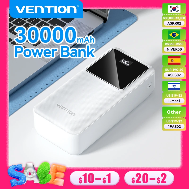 Vention 30000mAh Power Bank USB Type C PD Fast Charge 22.5W Portable External Battery Charger for MacBook Laptop Tablet iPhone