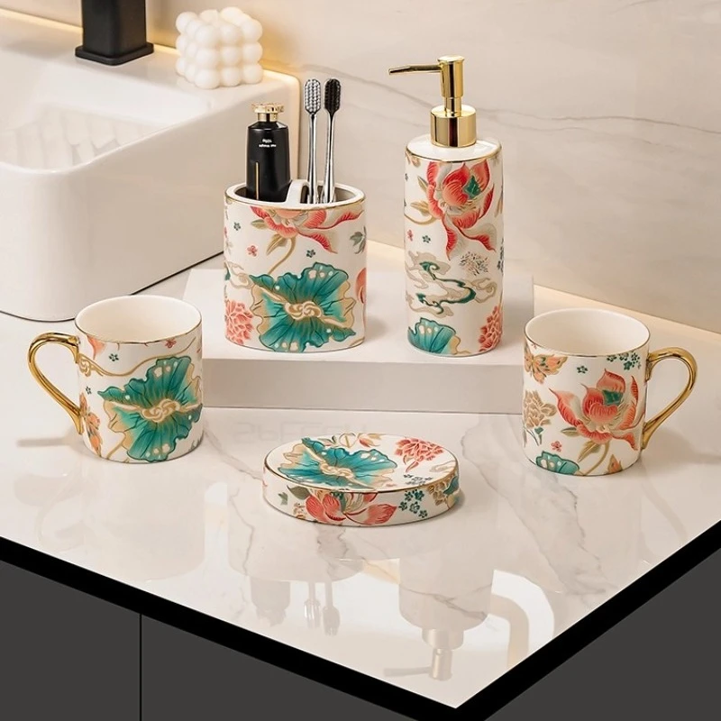 중국 시크 블루 및 화이트 세라믹 구강 세척 컵 세트, 가정용 변기, 커플 칫솔 컵 세척 세트, 욕실 장식