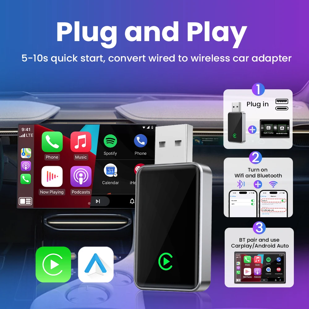 2 in 1 Wireless Android Auto Adapter Wired to Wireless Carplay Smart Bluetooth Dongle Plug and Play For GMC Audi Porsche MG Opel