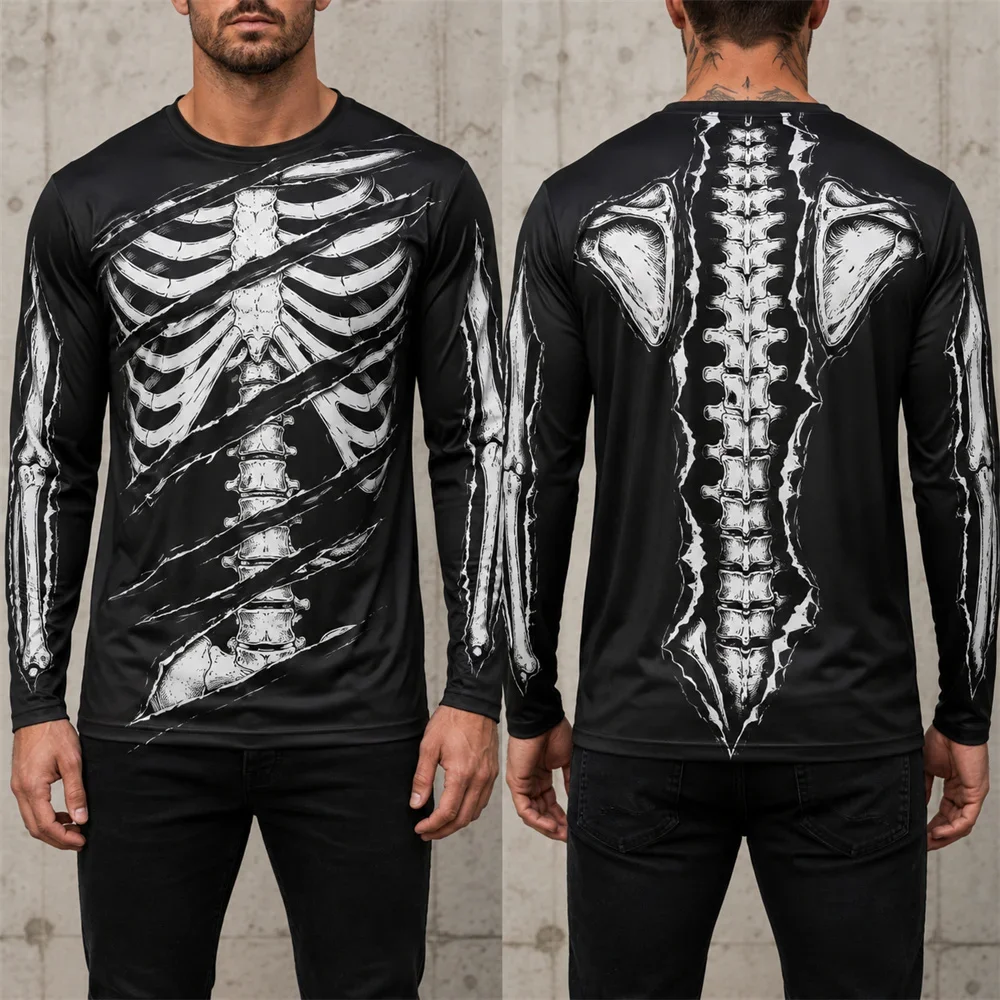 3D Print Human Skeleton Halloween Long Sleeve T-Shirt, Men's O-neck Black Autumn Costume, Streetwear for Halloween Party