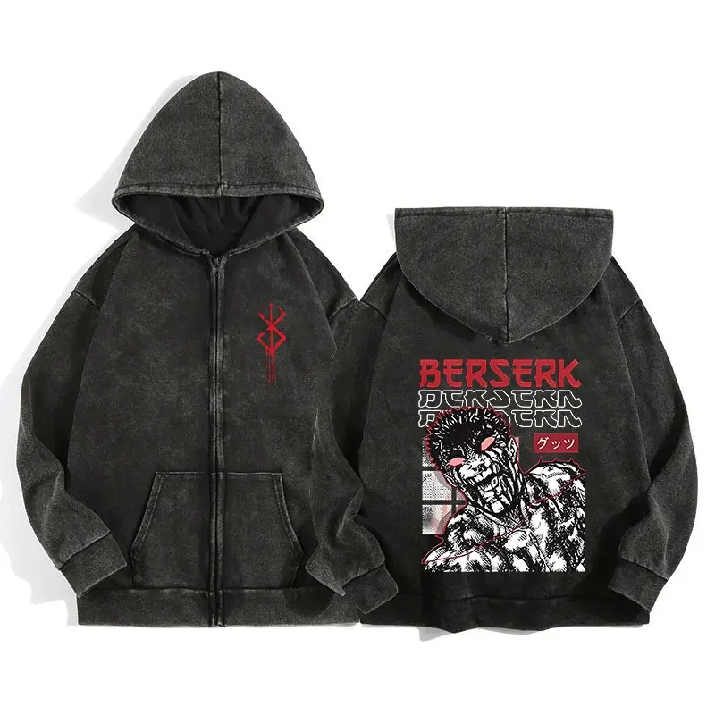 Support Custom Anime Berserk Wash Zip Up Hoodie Harajuku Retro Graphic Jacket Hooded Sweatshirt Cotton Hip Hop Men Hoody Coat