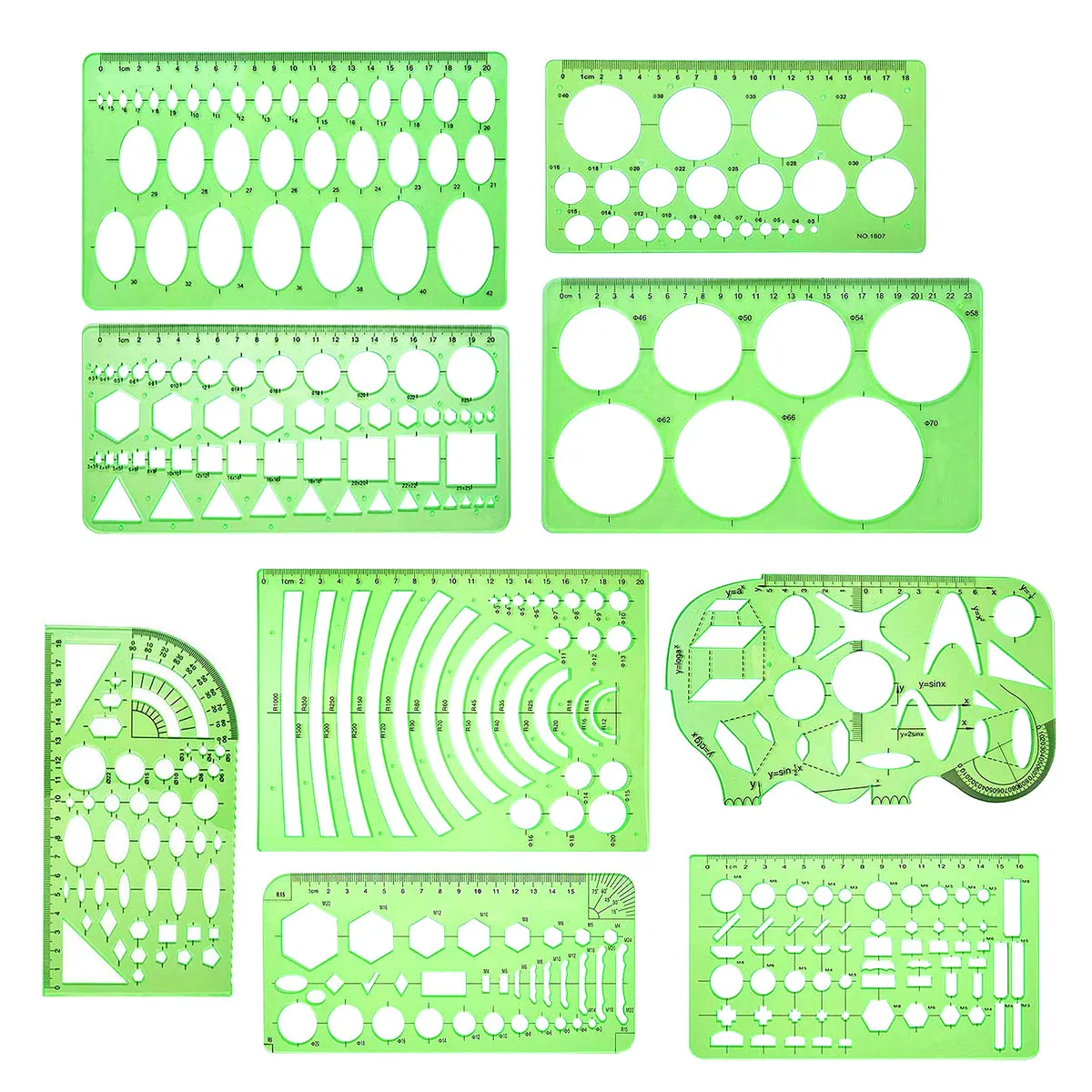1セット建築図面テンプレート-多種類の形状-透明プラスチック製-建築用測定定規-学校・オフィス製図デザイン用