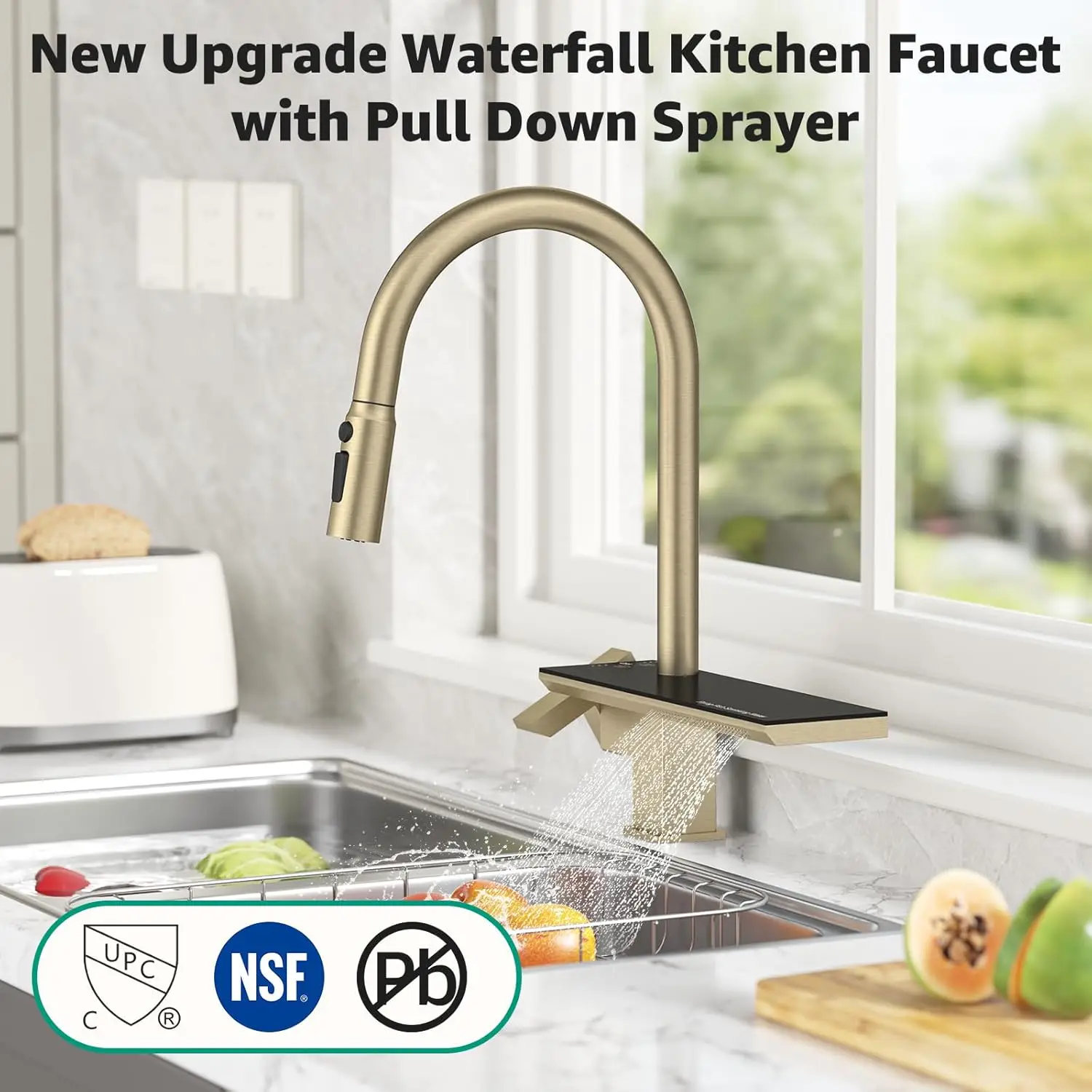 Waterfall Kitchen Faucet with Pull Down Magnetic Sprayer Brushed Gold,Stainless Steel,4 Functions,Single-Hole,Sigle-Han