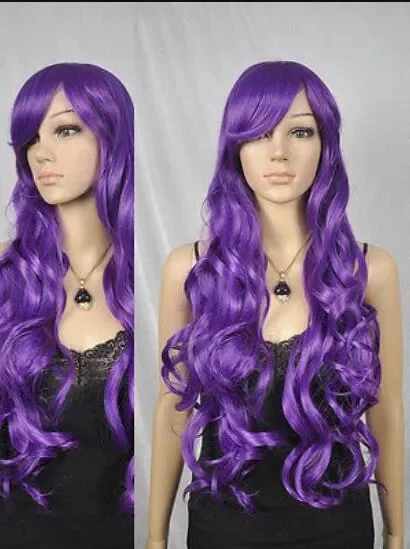 Ondulado Roxo Cosplay Costume Cabelo, Peruca LL, Longo, Resistente ao Calor, Completo, Dia das Bruxas, Festa, Popular, Perucas