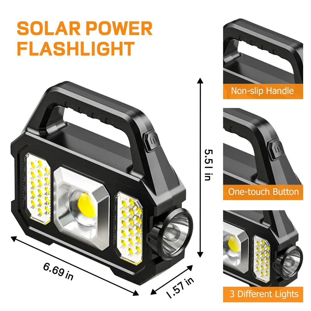 Solar Flashlight Waterproof COB LED Torch Brightly Light Portable USB Rechargeable Powerful For Home Camping Hiking Lighting