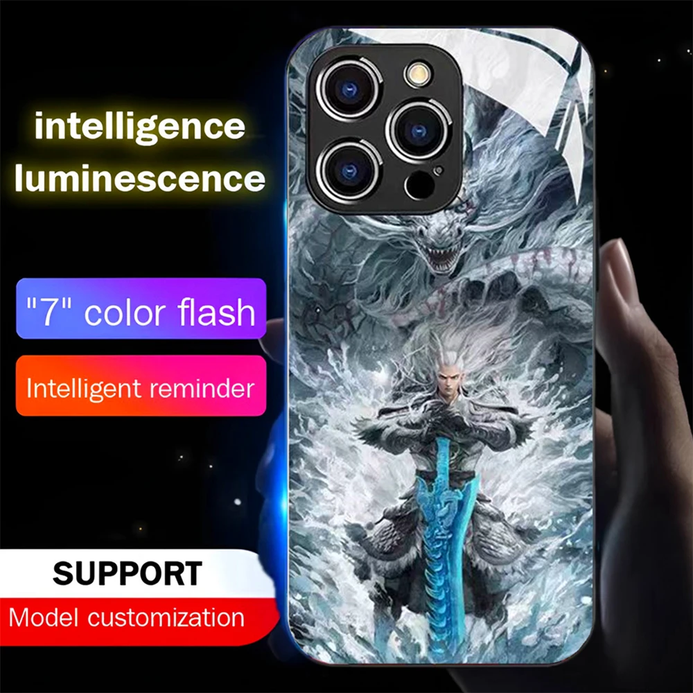 No.1 World Cartoon NeZha Sound Control LED Flash Cases Luminous Glass Cover For Samsung S25 S24 S23 S22 S21 S20 FE Plus Ultra