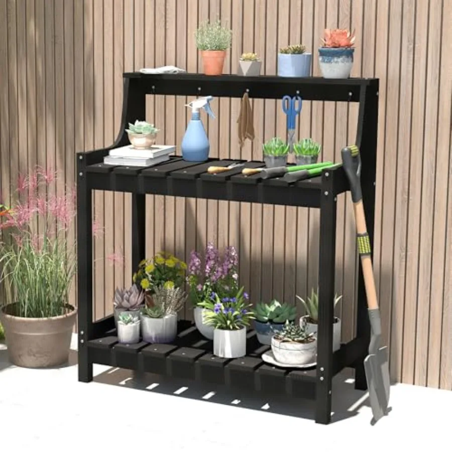 Garden Potting Bench for Outside, HDPE Outdoor Potting Table with Storage Shelves and Tool Hooks, All Weather Planting Workstat