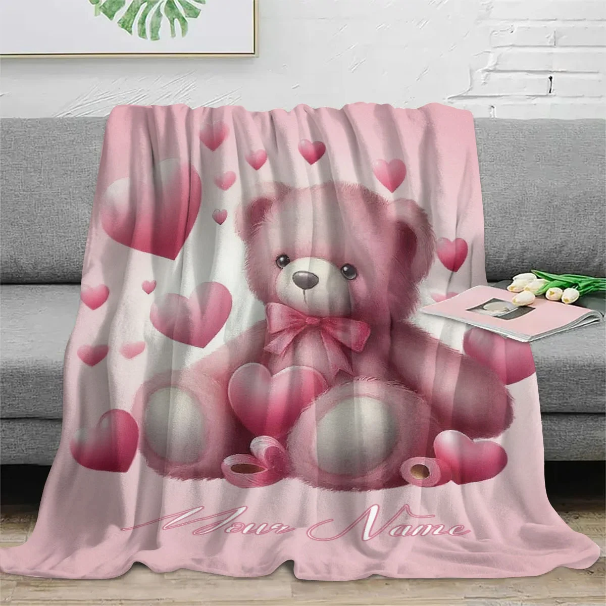 Personalized Name  Pink  Bear Design Blanket, Adorable Fluffy Bear with Hearts & Bow, Perfect Birthday Gift for Loved Ones