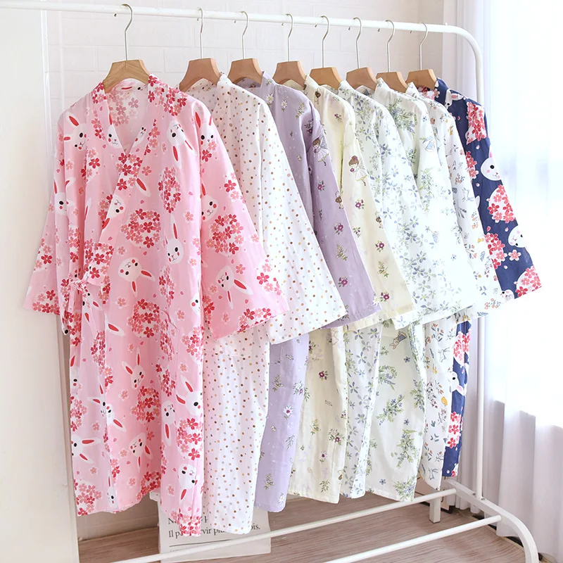 

Hanfu на шнуровке, весна-лето, двойная марля, кимоно из 100% хлопка, ночная рубашка, женский халат, хлопковый халат для душа, одежда для сна для женщин