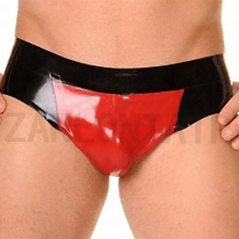 

Men Handmade Customize Exotic Latex Male Fetish Sexy Black with Red Pattern Tight Swim Briefs Shorts Uniform Underwear