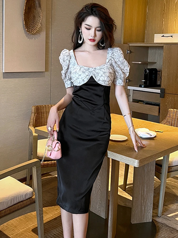 Summer Women Midi Dress Elegant Sweet Black White Contrast Color Satin Lace Patchwork Puff Sleeve Wrap Hip Slit Office Vestido