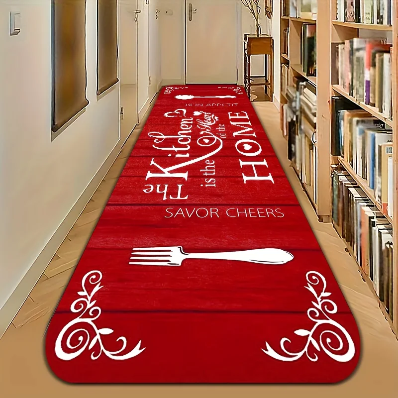 Red Kitchen Quote Rug Non-Slip Washable Floor Mat Fork Pattern for Kitchen Hallway Diatom Mud Water Absorbent Carpet