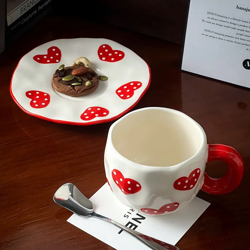340ML Hand-painted Flower Love heart Ceramic Coffee Cup with Saucer Home Office Water Cup Breakfast Milk Juice Teacup Gift Set