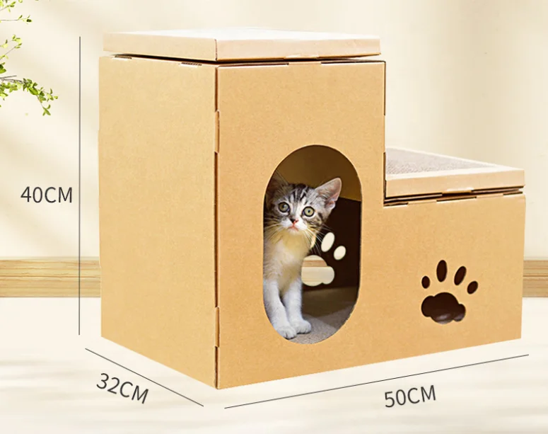Multi-Level Corrugated Cardboard Cat House With Scratcher Pad Farmhouse Style Cat Bed Cave Hideout