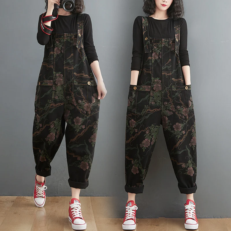 

Casual Loose Black Denim Rompers Women's Jumpsuit Vintage Print Floral Oversized Wide Leg Jeans Overalls Suspender Baggy Pants