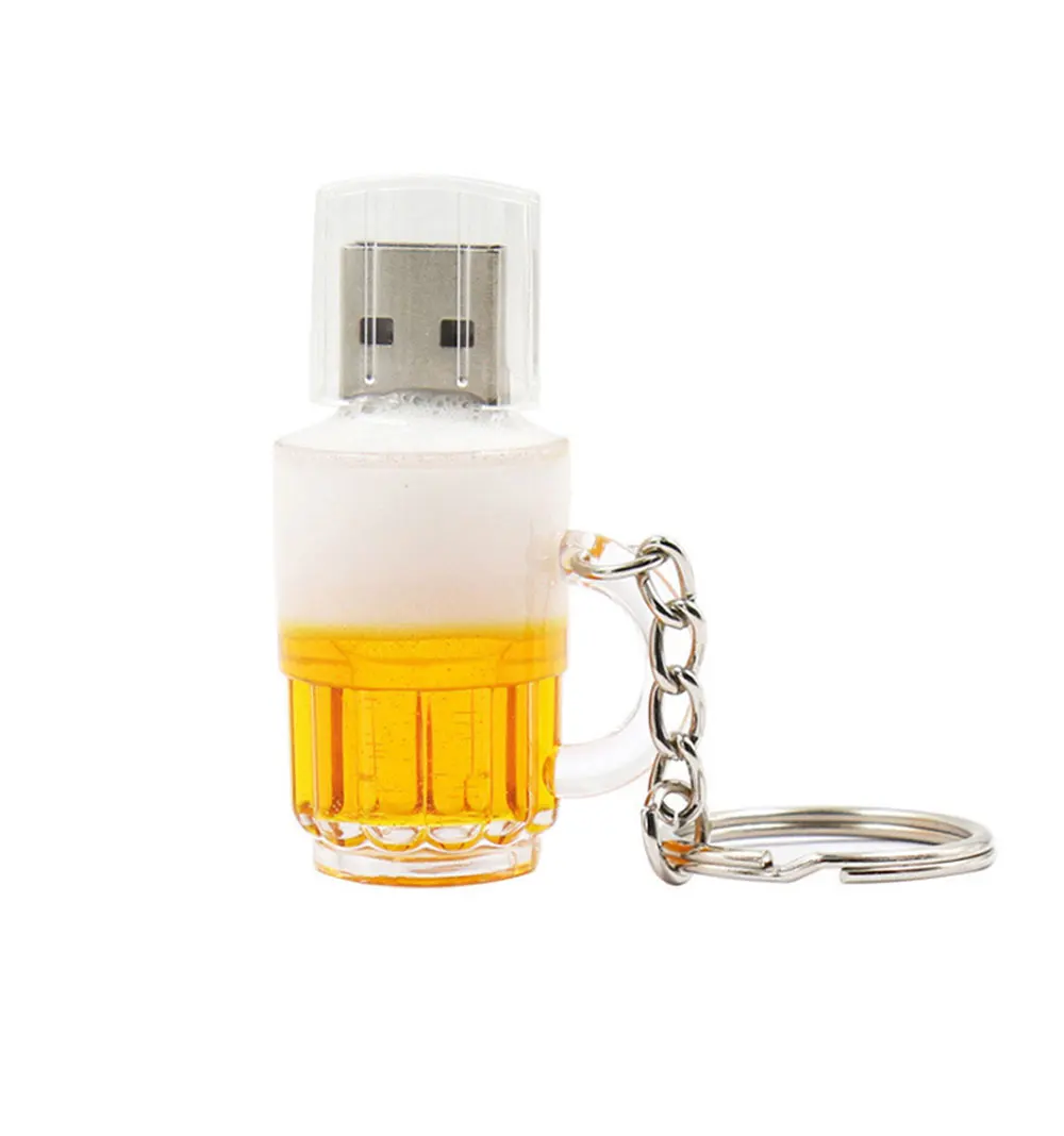 Plastic Beer-glass USB Flash Drive 128GB Cute Pen Drive with Free Key Ring 64GB Funny Gifts for Friend Memory Stick 32GB