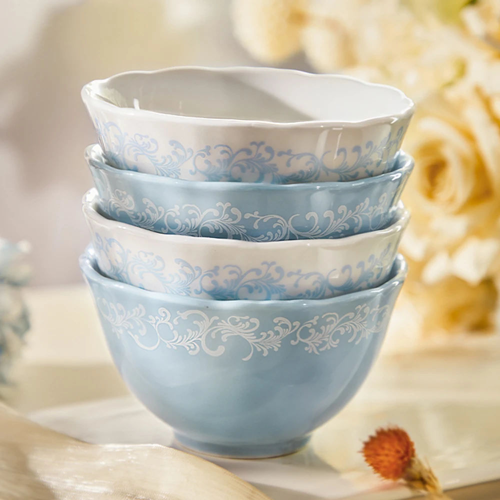 4.5Inch Ceramic Rice Bowl Flounce Edge Decal Floral Pigmented Household Bowl Durable Kitchen Soup Bowls Microwave Tableware