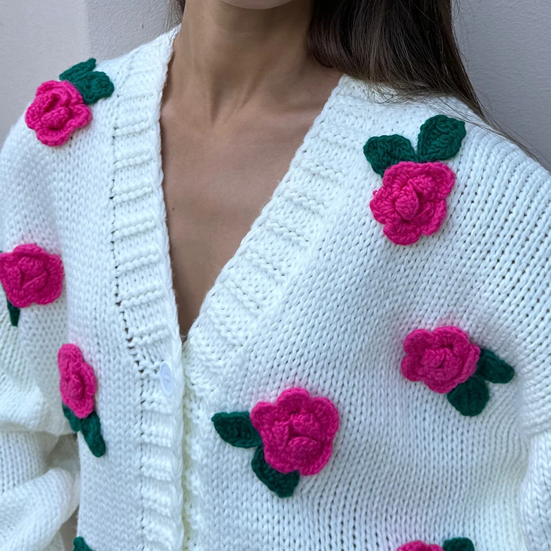 TARUXY 3D Rose Flower Knitted Cardigan Female 2024 Autumn Winter Hand-Knitted Sweater Jacket V Neck Fashion Splice Casual Top