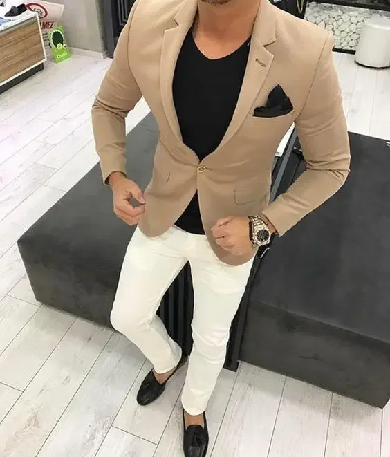 Brown Khaki Men Suit White Pants Smart Casual Blazer Elegant Tuxedo Slim Fit High Quality Custom 2 Piece Jacket Terno Masculino