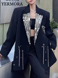 YERMORA Women Black Sequin Spliced Metal Chain Big Size Blazer New Lapel Long Sleeve Jacket Fashion Tide Spring Autumn2024