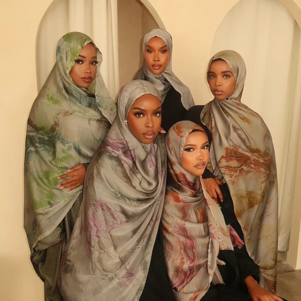 Printed Silk Satin Chiffon Hijab Scarf Hijabs for Women Brimming Muslim Fashion Print Shawl Scarves Turbans for Women Ramadan