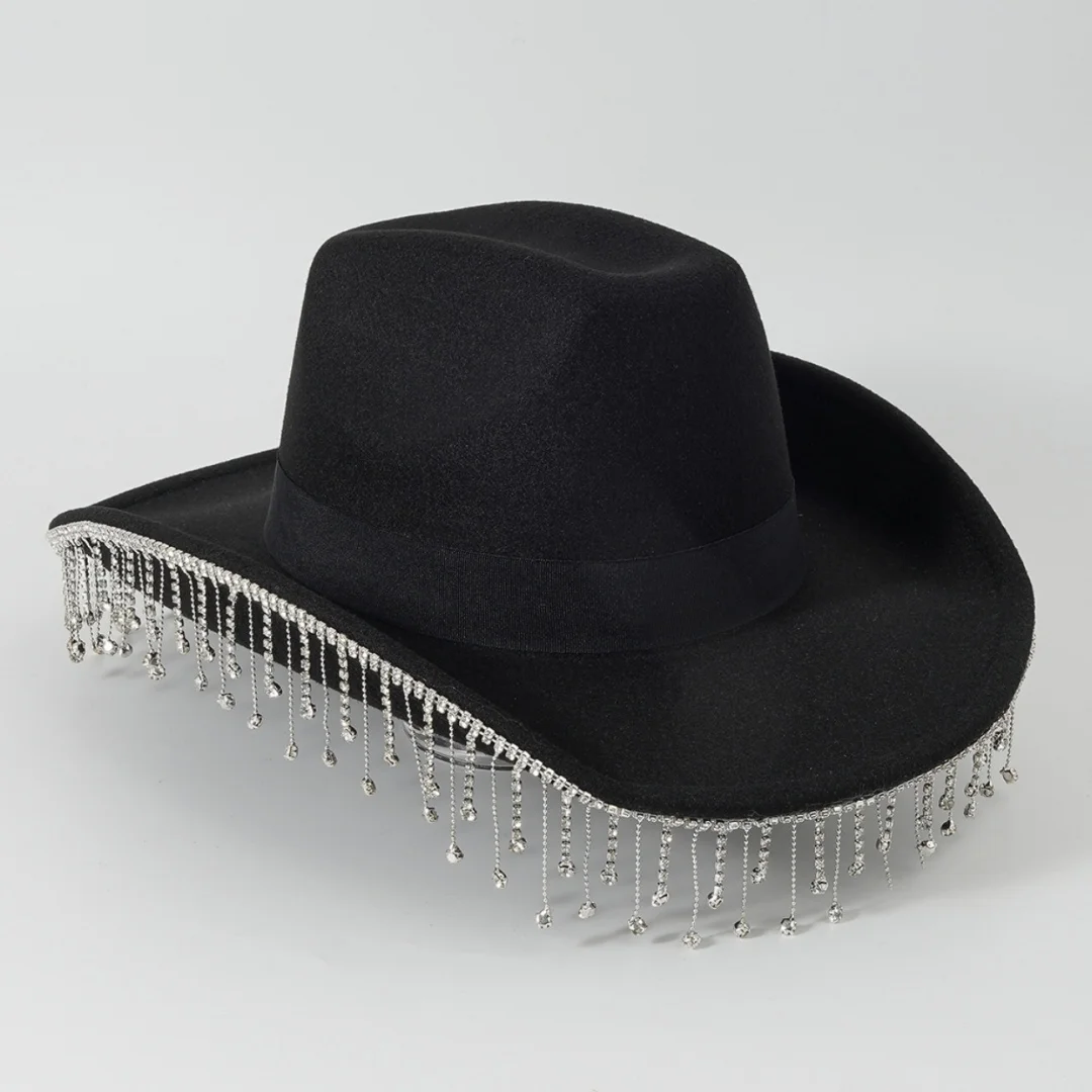 1PCS fashion tie-in Diamond Tassel cap Acrylic drill summer sun hat, elegant fashion top hat, stage performance party hat Bride