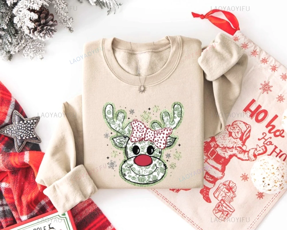

Reindeer Christmas Shirt Cute Coquette Christmas Sweatshirt Xmas Bowknot Sweatshirt Funny Pattern Hoodie Women's Pullover
