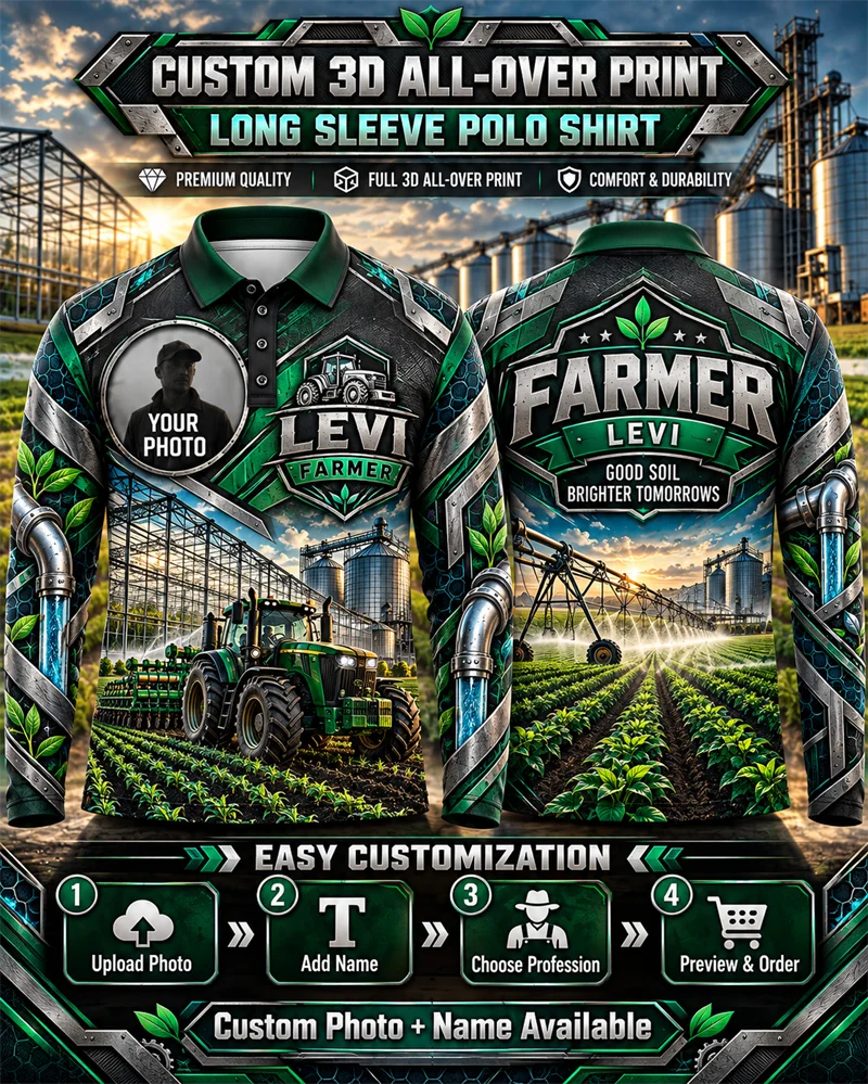 Personalized Farmer Polo for Men Add Photo and Name 3D Printed Long Sleeve Tractor Agriculture Shirt for Farm Work Country Gift