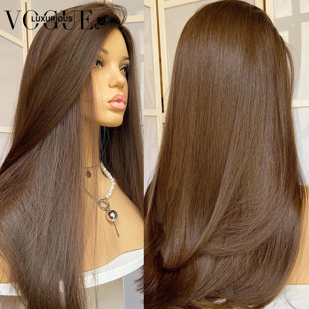 Wig rambut manusia lurus tulang berwarna coklat 30 inci 13x4 13x6 Wig Frontal renda Brasil Virgin 200% ketebalan Wig rambut tebal