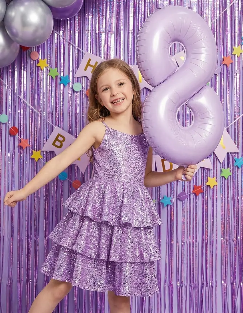 Girls Sequin Formal Dresses Kids Party Special Occasion Fancy Dress Tie Back 3 Layer Prom Graduation Outfits Princess Dress