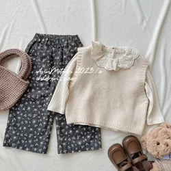 Hot Kids Baby Girls Clothes Knit Waistcoat + Lace Lace Collar Base Shirt + Floral Wide-leg Pants 3-piece Set Toddler Outfit Set