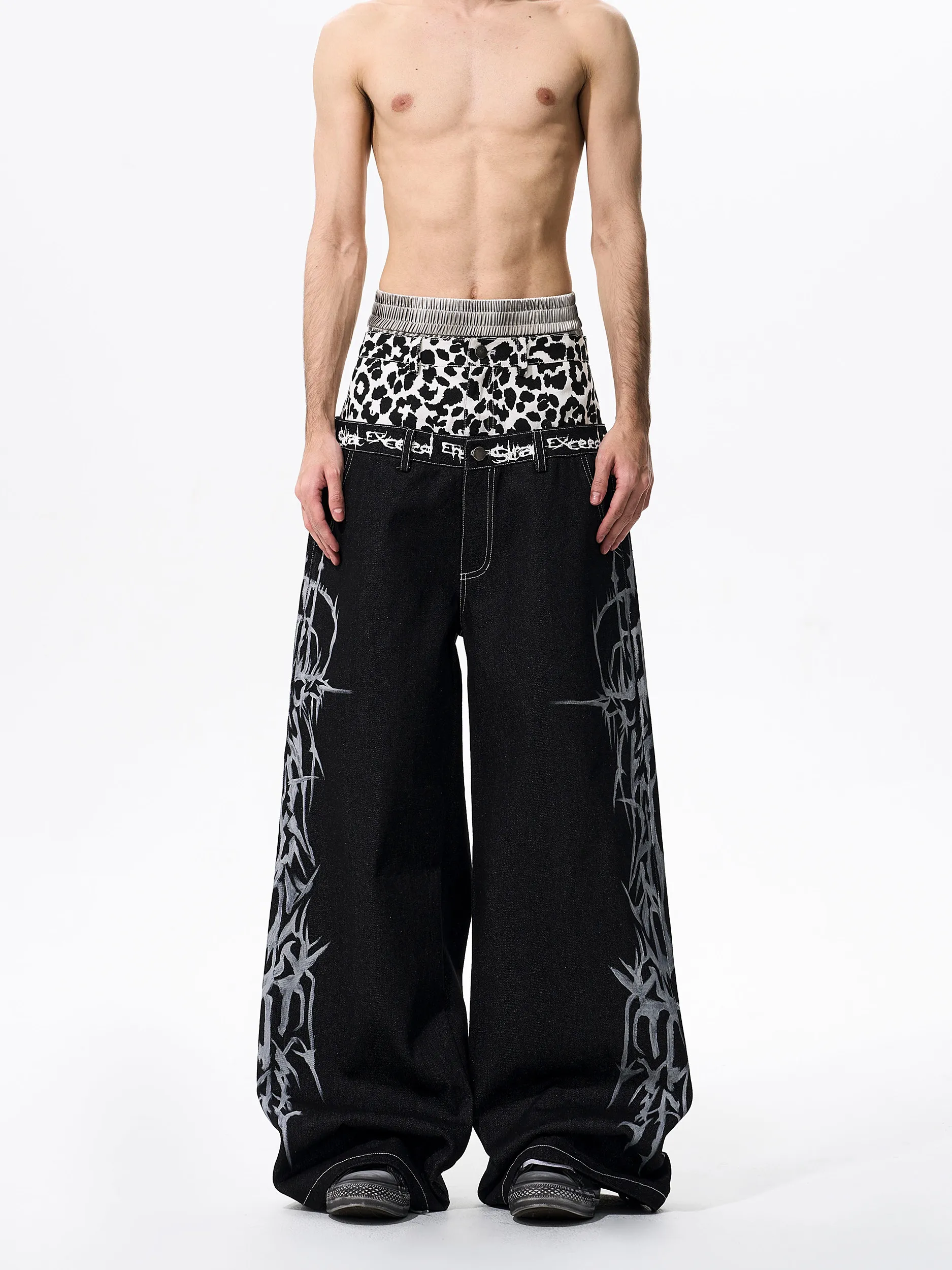 SEE Original Artwork Hand-Painted Double Waist Head Men's Jeans Leopard Print Patchwork Wide Leg Cotton Straight Cut Jeans