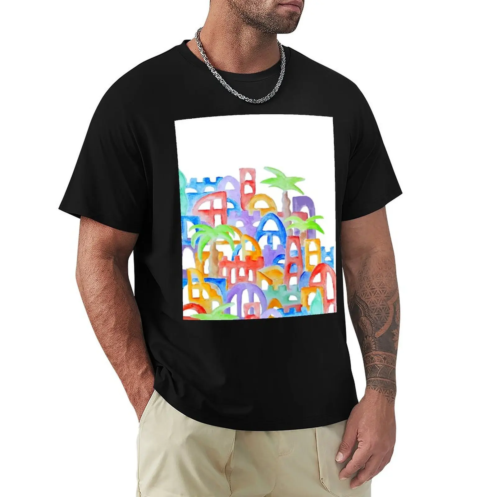 Colorful Oriental Watercolor City Cinque Terre Aquarelle Drawing T-Shirt Soft Durable Cotton T-Shirt