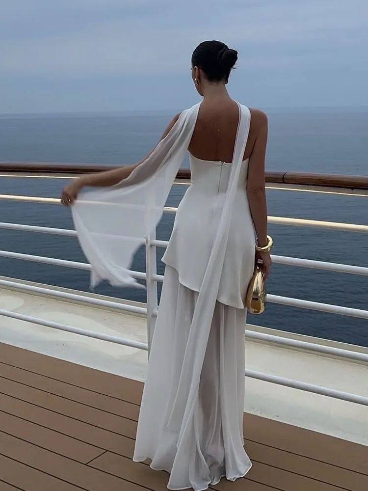 FSMG Elegant Solid Strapless Ribbon Long Dress Fashion Slash Neck Sleeveless Backless Robes Lady Spring Summer Evening Dresses