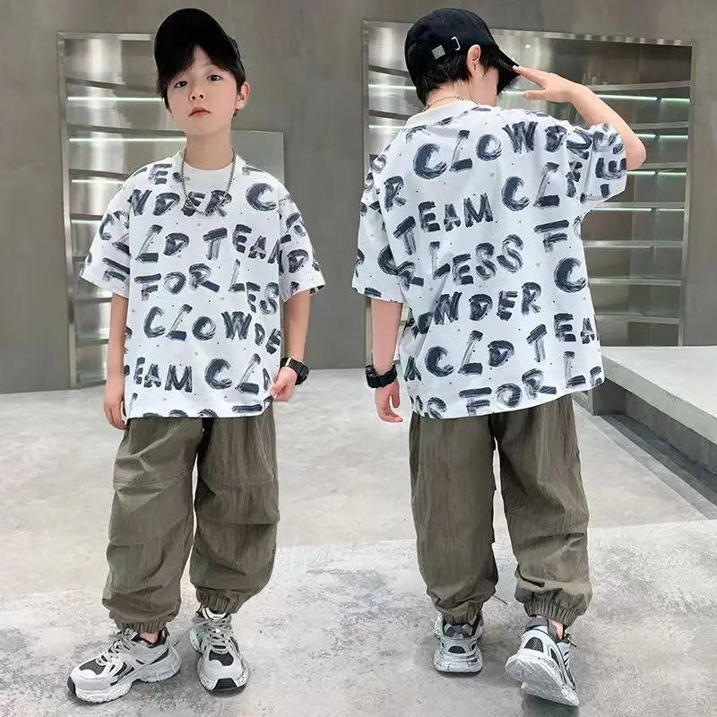 الصيف قصيرة الأكمام ملابس الأطفال أعلى وأسفل الملابس مجموعة قمصان الصبي الزي الأزياء 8 14 سنة دعوى السراويل الملابس قمم