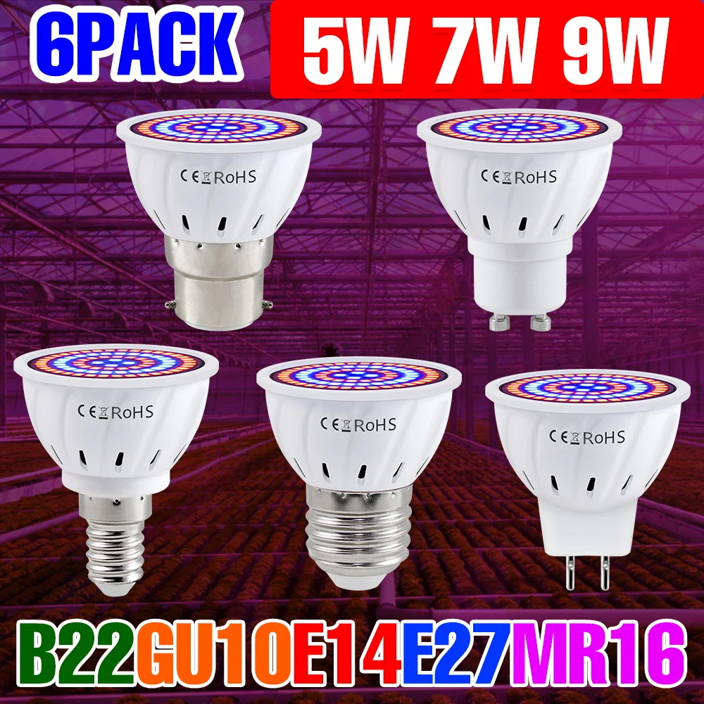 

6 упаковок светодиодной лампы для выращивания растений полного спектра, лампа для выращивания растений в горшках, цветы, заполняющее освещение E27 E14 GU10 MR16 B22 220 В, 5 Вт, 7 Вт, 9 Вт