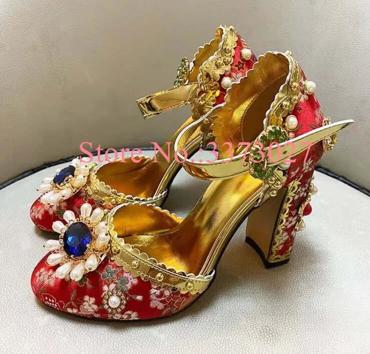 

New Design Crystal Sandals Shoes Woman Fashion Flower Rhinestone Wedding Shoes Lady Chunky Heel Pumps Banquet Shoes Dropship