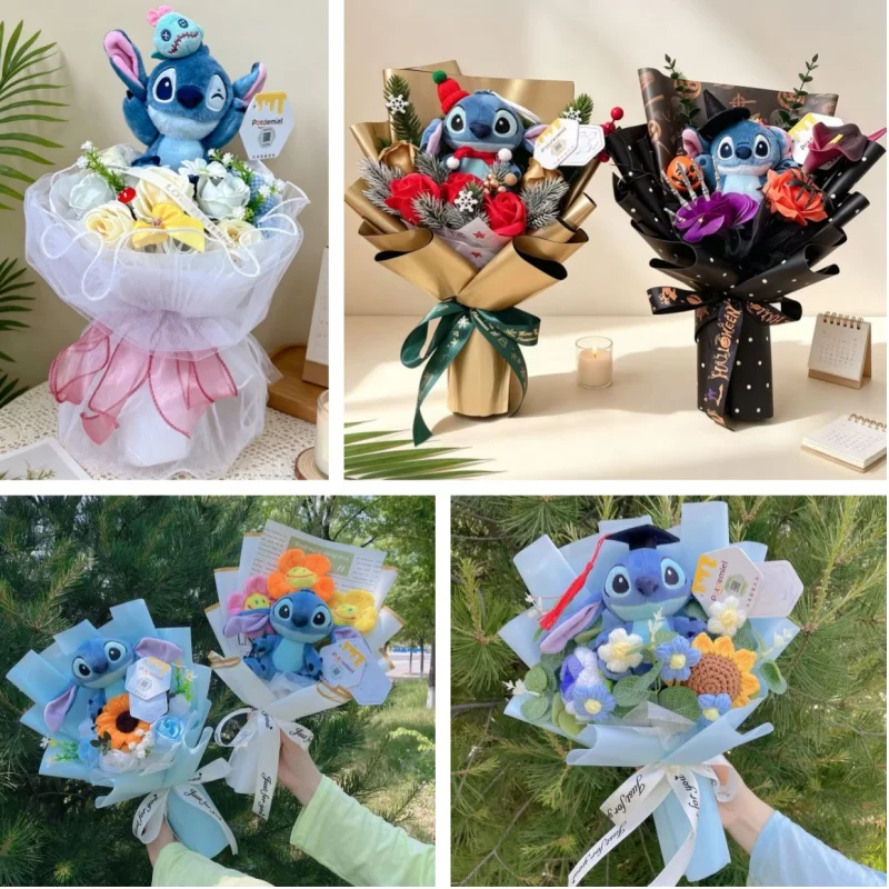 Echte Stitch-Plüschpuppen, kleiner Anhänger mit künstlichen Blumen, handgefertigte Blumensträuße, Geschenke für Valentinstag, Abschlussfeier, Weihnachten