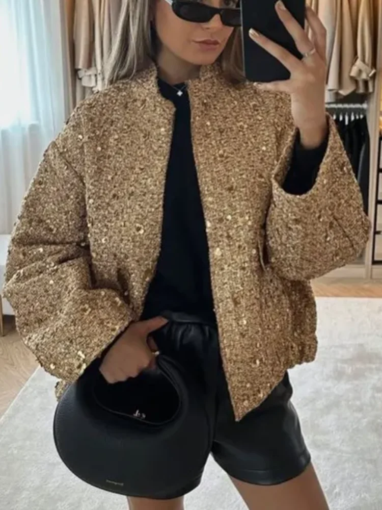 

Vintage Sequin Coat Women Autumn Long Sleeve Single Breasted Short Coats Female Elegant Fashion High Street Stand Collar Outwear