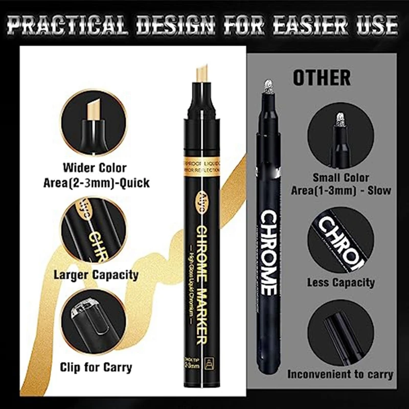 Liquid Mirror Chrome Markers 3 Colors Permanent Metallic Markers, 2-3Mm Larger Application Area, High Gloss, Waterproof