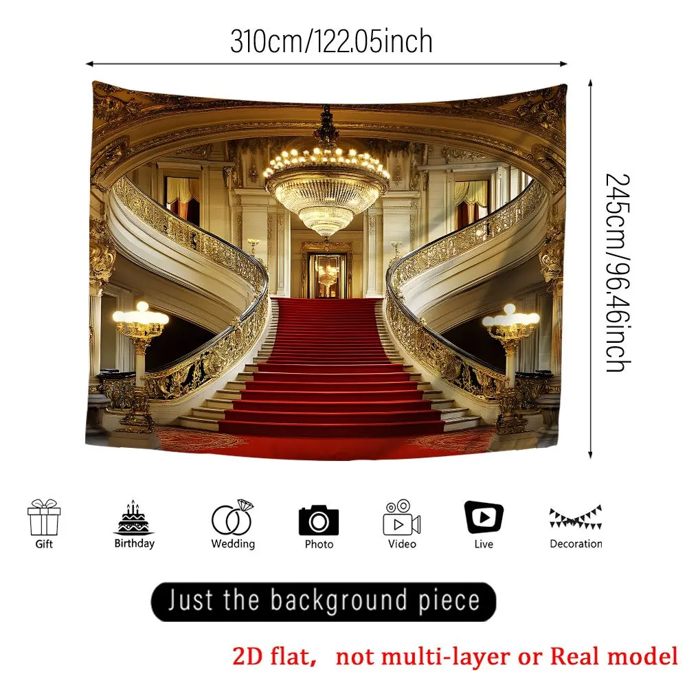 Luxury Palace Staircase Tapestry Wall Hanging Art Decor Elegant Red Carpet And Chandelier For Living Room Bedroom Quick Setup