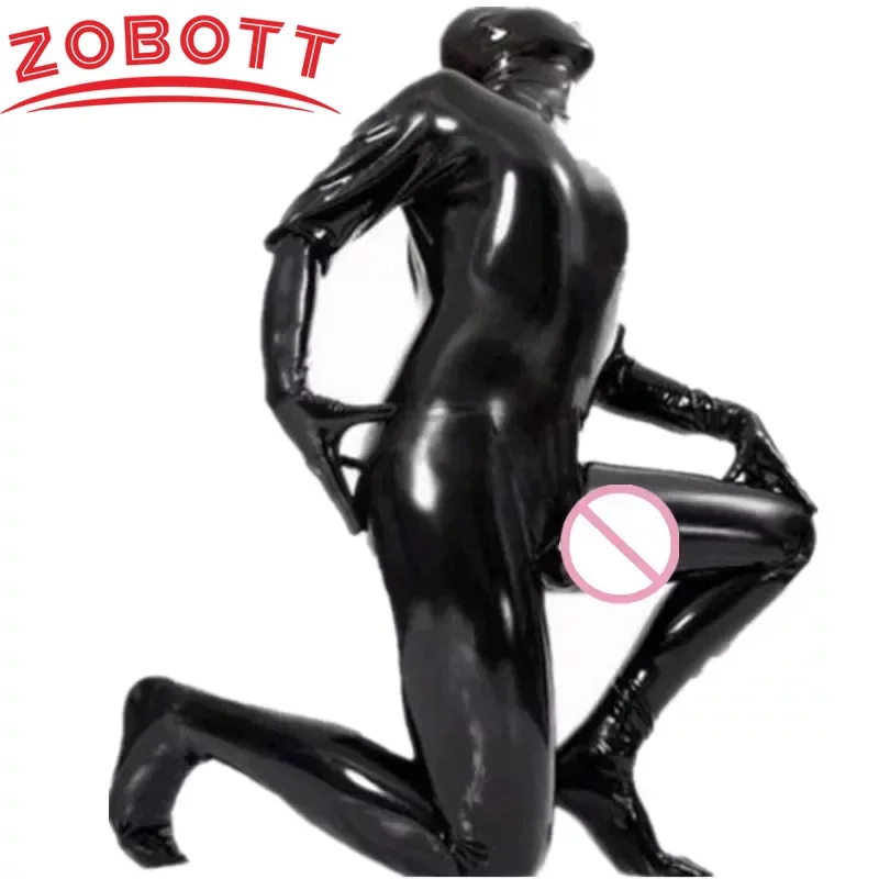 Men\'s Stretch PVC Bodysuit With Penis Sleeves Sexy Open Eye PVC Wetlook Leather Latex Catsuit Hot Erotic Gay Fetish Wear Costume