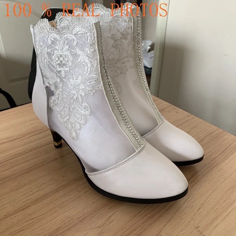 ORCHA LISA Fashion Women summer mesh boots 7cm high heel floral ankle boots Party office shoes Botas mujer pluz size 42