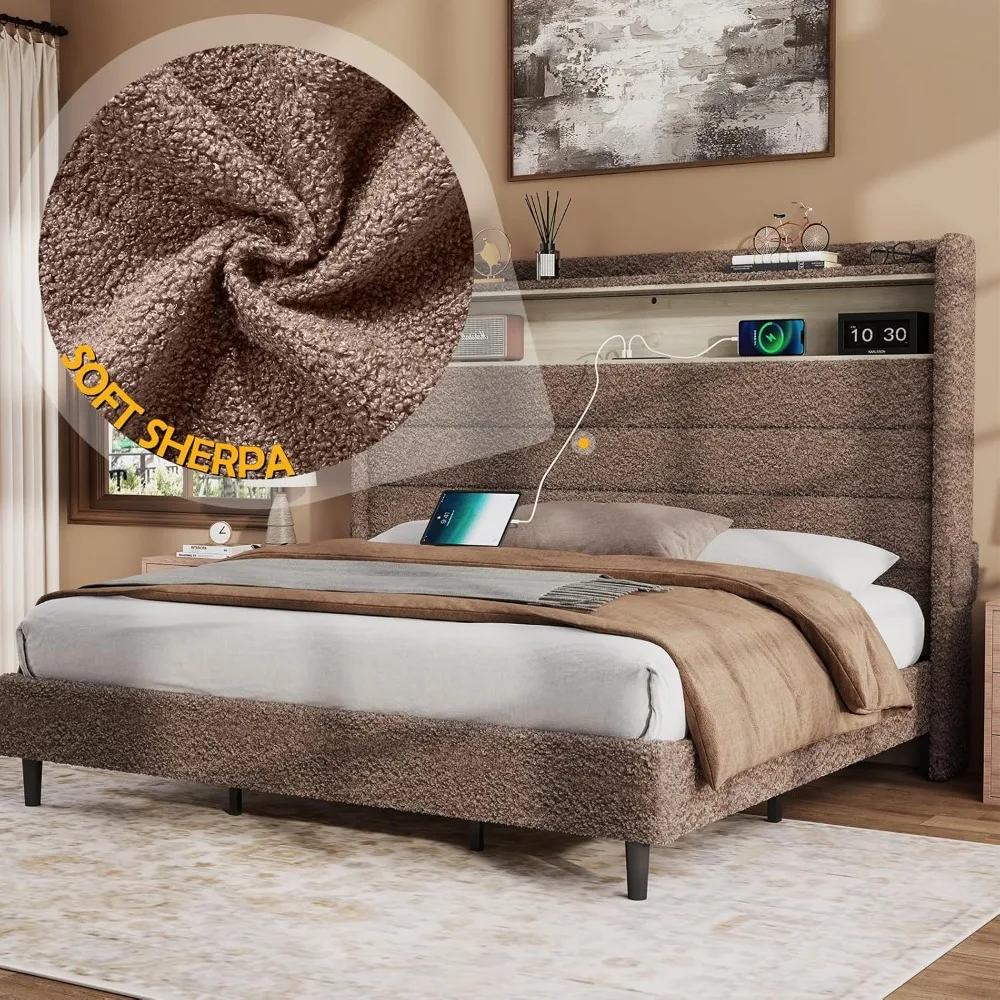 Cama com cabeceira alta e luzes LED, estação de carregamento, plataforma estofada, Wingback, sem Box Spring